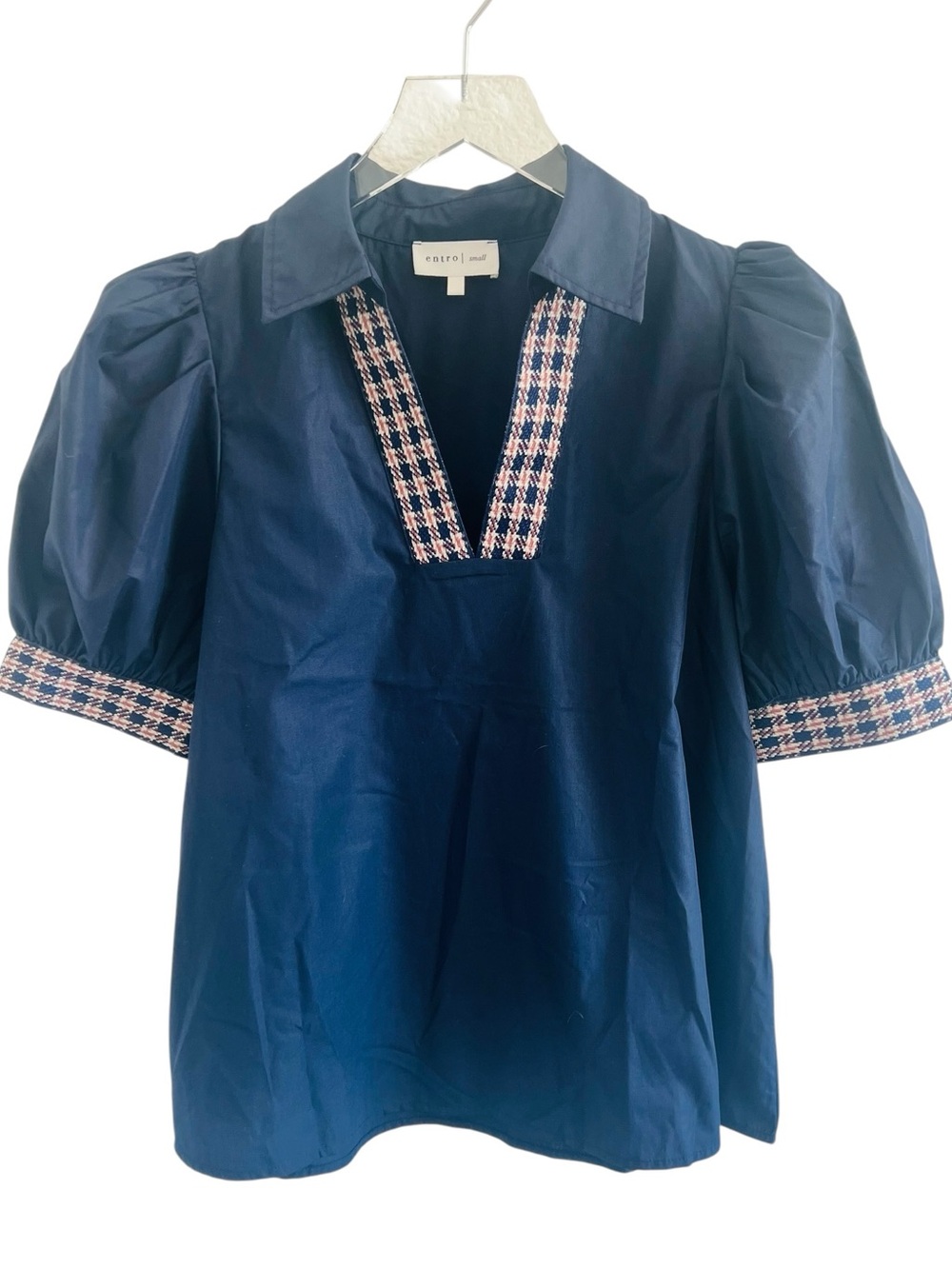 entro Navy Puff Sleeve Top with Trim
